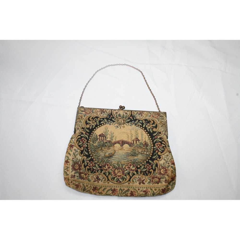 Vintage Made in France Tapestry Evening Bag Scenic Bridge Floral Kiss Lock Purse